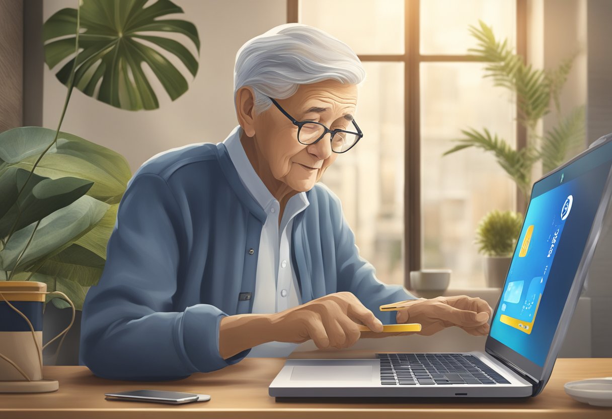 Uma pessoa idosa serena navegando facilmente em um dispositivo digital enquanto utiliza o cartão virtual do Banco do Brasil, cercada por símbolos de segurança e facilidade de uso.