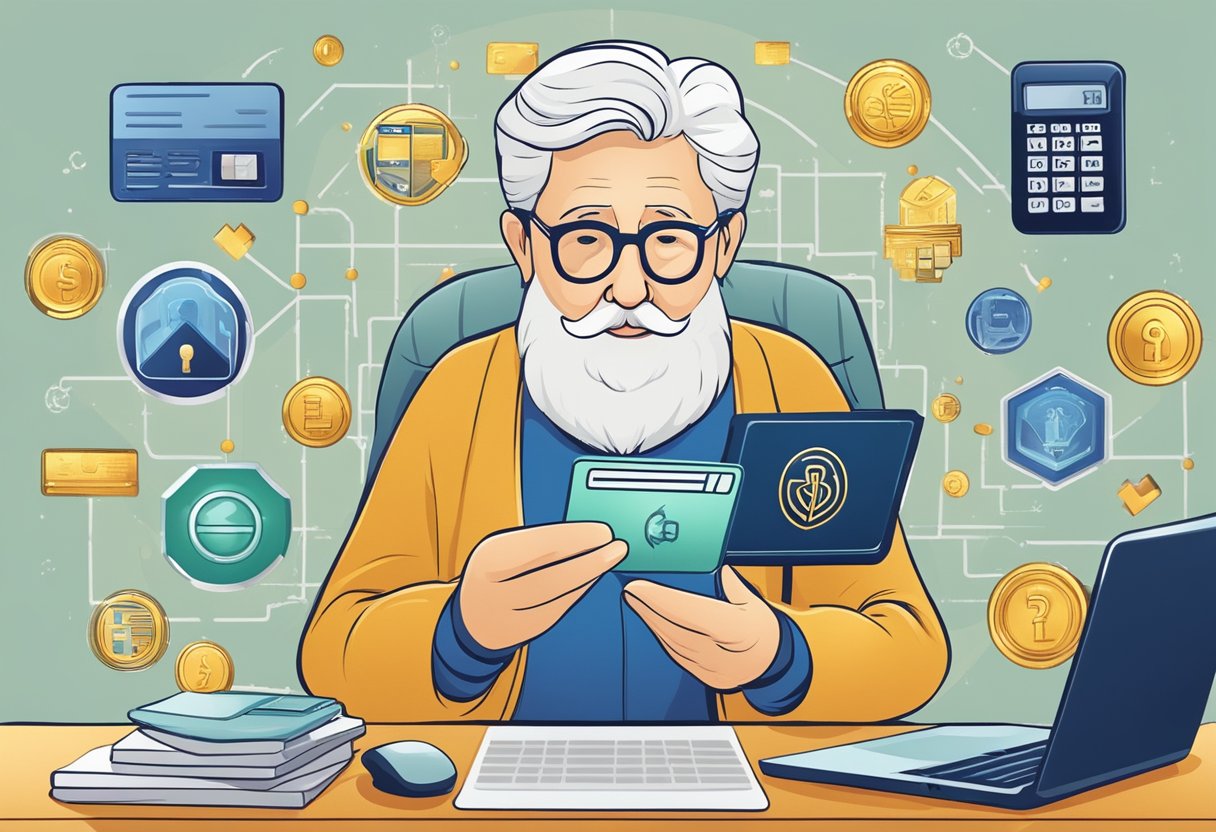 Uma pessoa idosa serena usando um cartão bancário virtual com facilidade e confiança, cercada por símbolos de segurança e conveniência.