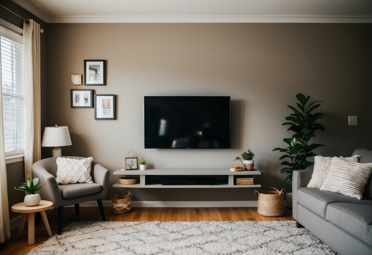 A cozy living room with a floating TV stand, surrounded by small furniture and decor, maximizing space