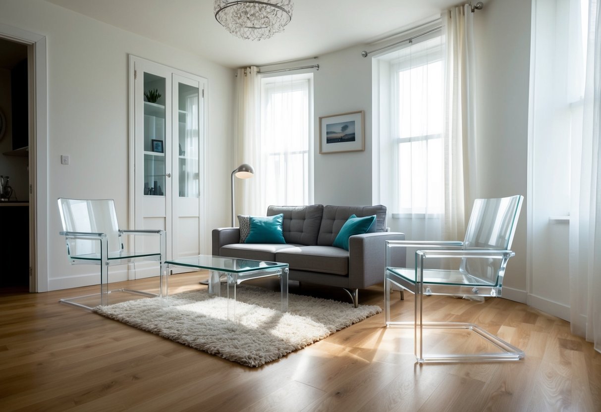 A small living room with transparent furniture, allowing light to pass through and create a spacious and airy atmosphere