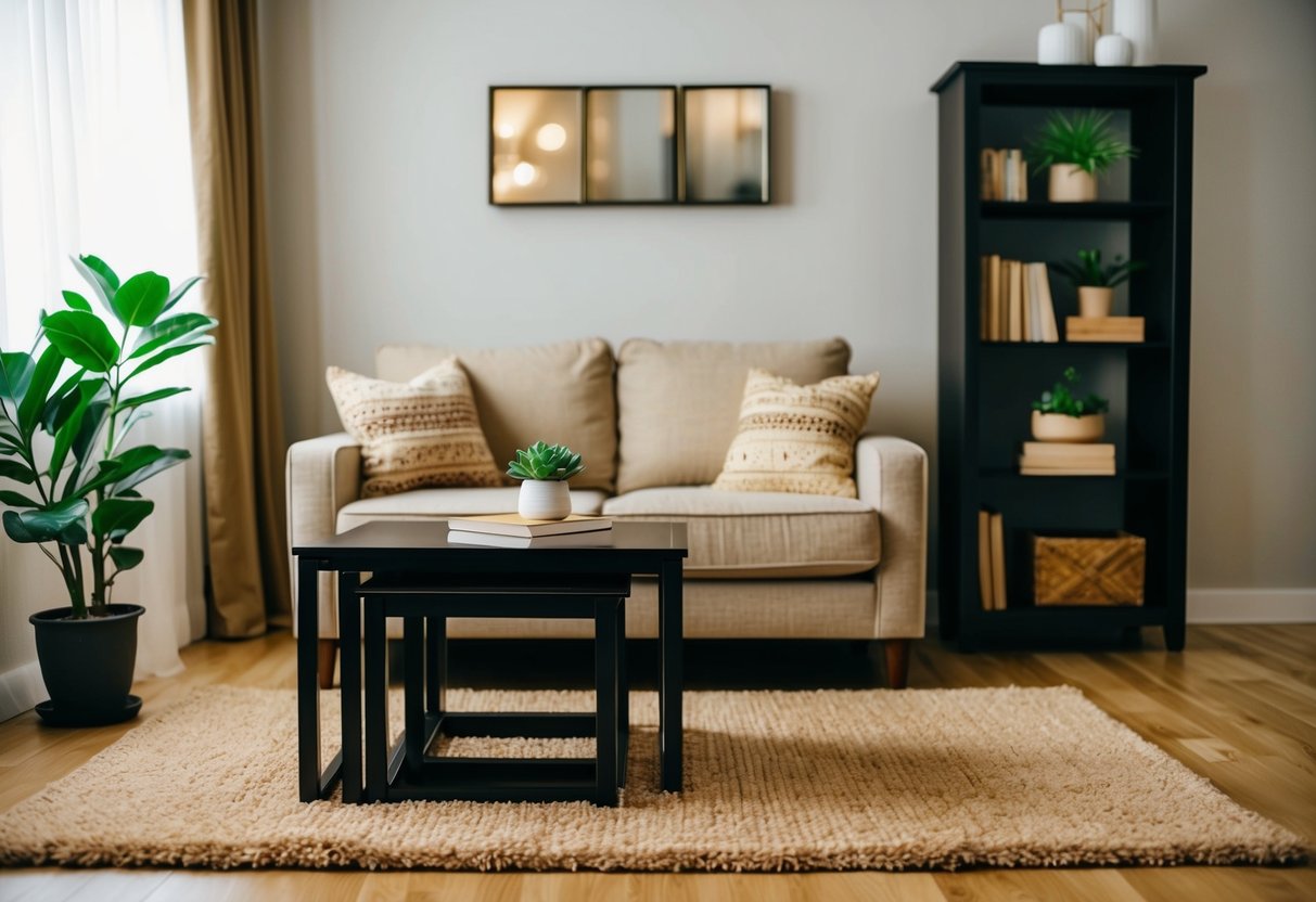 A cozy living room with nesting tables, a small sofa, and a warm rug. A bookshelf and a potted plant add to the inviting atmosphere