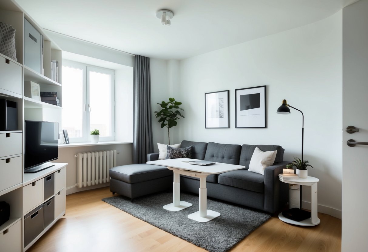 A small living room with a space-saving desk, surrounded by minimalist furniture and clever storage solutions