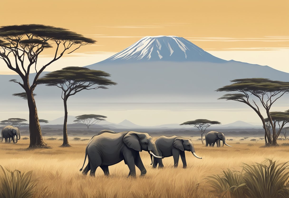 A family of elephants roam freely across the vast savannah, with the iconic Mount Kilimanjaro visible in the distance