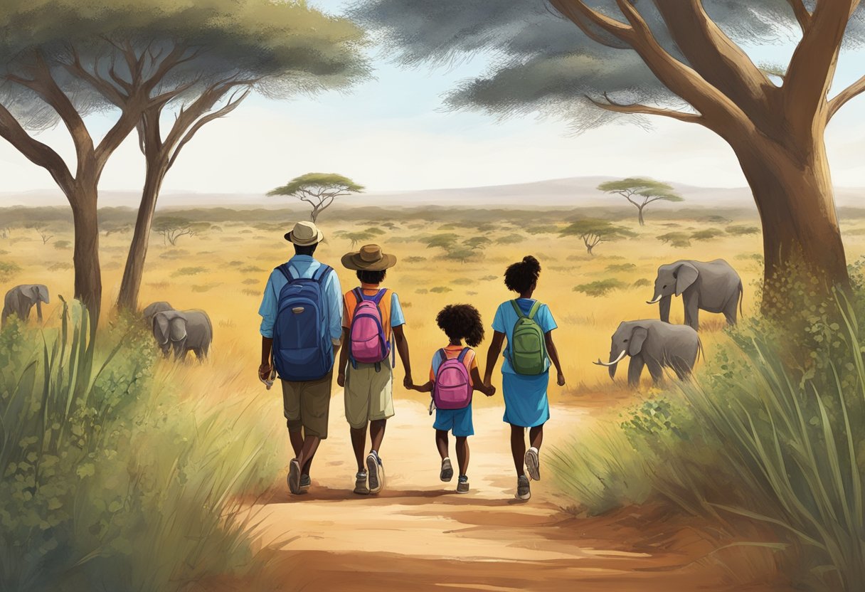 A family enjoys a guided nature walk in the Kenyan savannah, spotting wildlife and learning about the local ecosystem from a knowledgeable guide