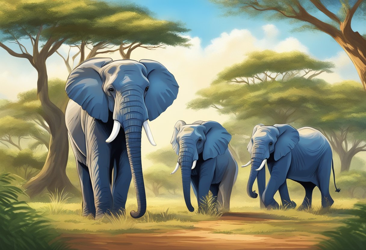 A family of elephants roam freely in the lush savannah, with a backdrop of towering acacia trees and a vibrant blue sky