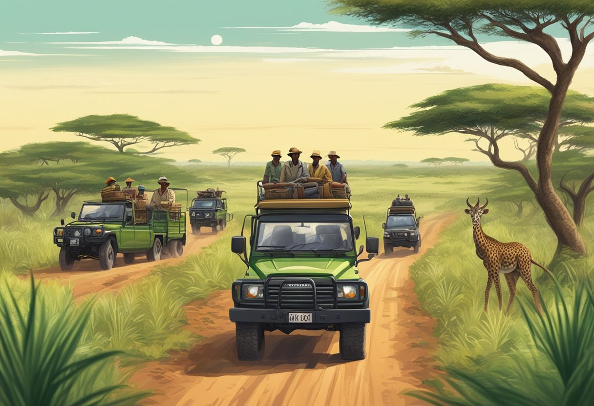 A group of safari vehicles driving through the Kenyan savannah, surrounded by lush greenery and a variety of wildlife