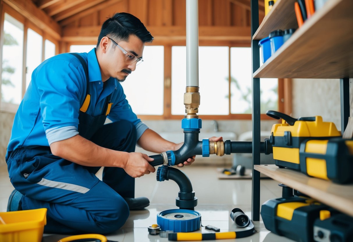 A plumber fixing a leaky pipe in a Bangi home, surrounded by tools and equipment