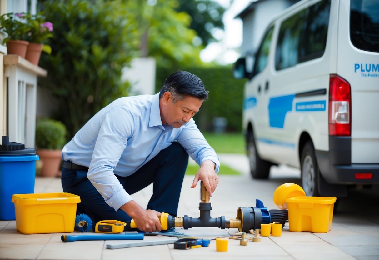 A homeowner in Dengkil struggles with a leaking pipe while surrounded by tools and plumbing supplies. Outside, a plumbing company van arrives to offer professional assistance