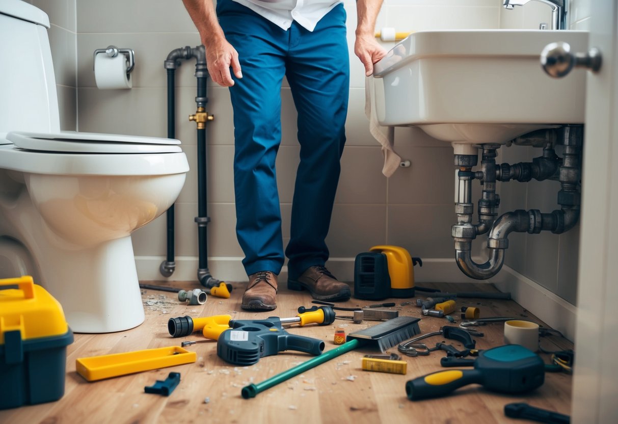 A cluttered bathroom with leaking pipes and scattered tools. A frustrated homeowner stares at the mess while considering hiring a plumbing company in Klang