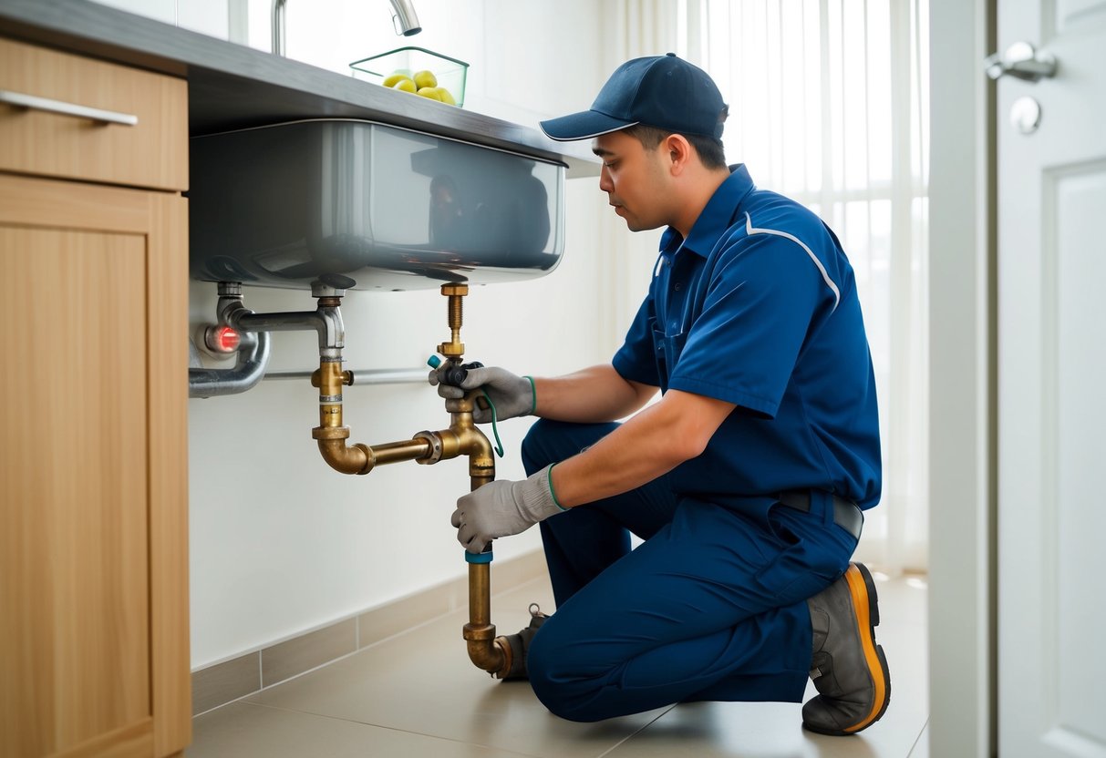 A plumber fixing a leaky pipe under a kitchen sink in a Klang area home