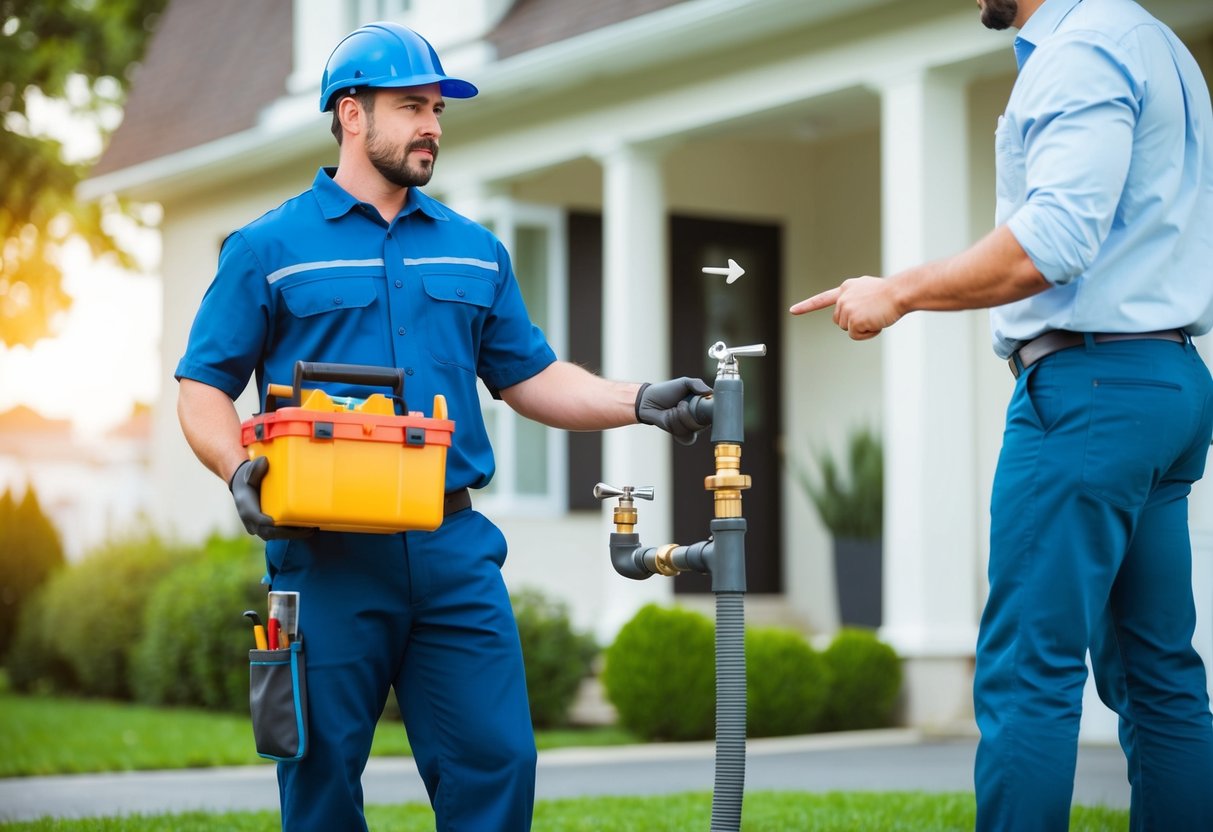 A plumber holding a toolbox standing in front of a house with a leaky pipe, while a customer points to the problem area