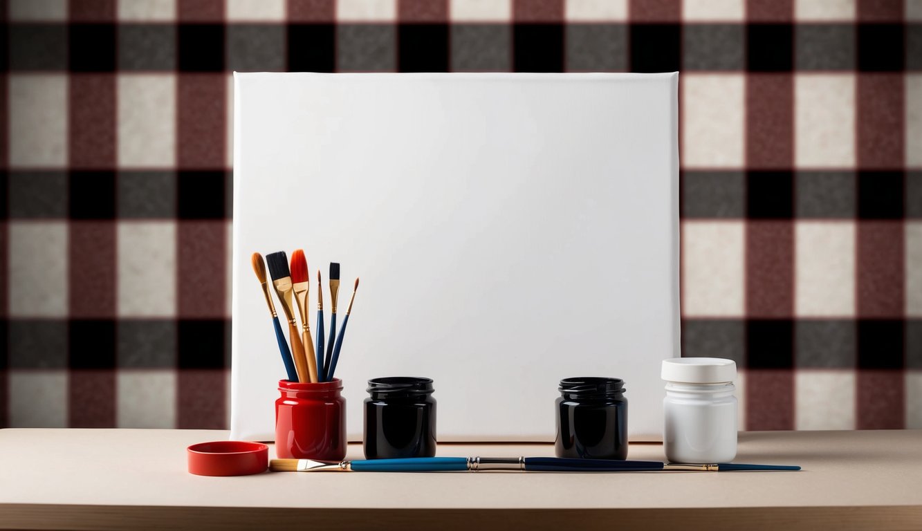 A table with a blank canvas, paintbrushes, and red, black, and white paint arranged in front of a buffalo plaid pattern as a reference