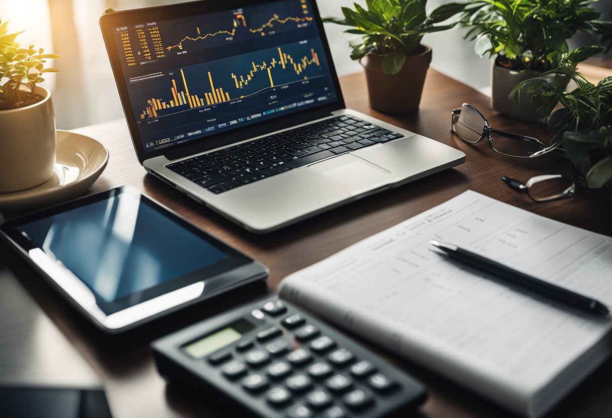 A desk with a laptop, calculator, and financial charts. A bookshelf filled with investment books. A plant in the corner