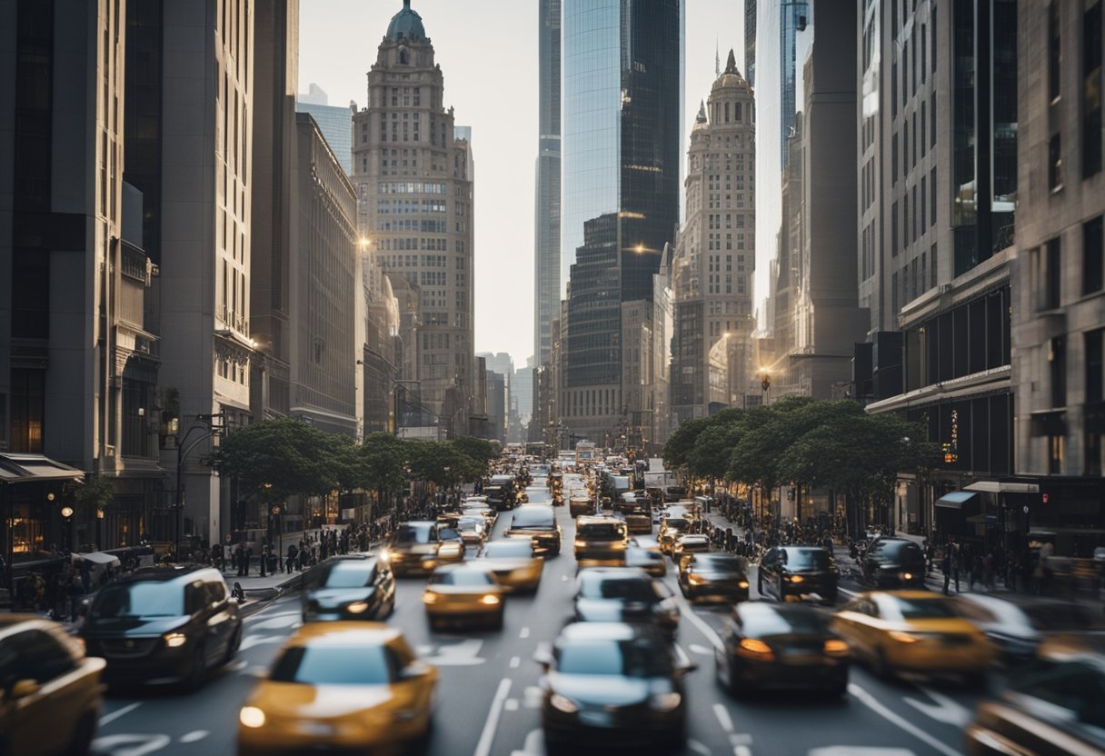 A bustling financial district with skyscrapers and a busy street filled with professionals and clients. A mix of modern and traditional architecture, with signs and symbols of financial services