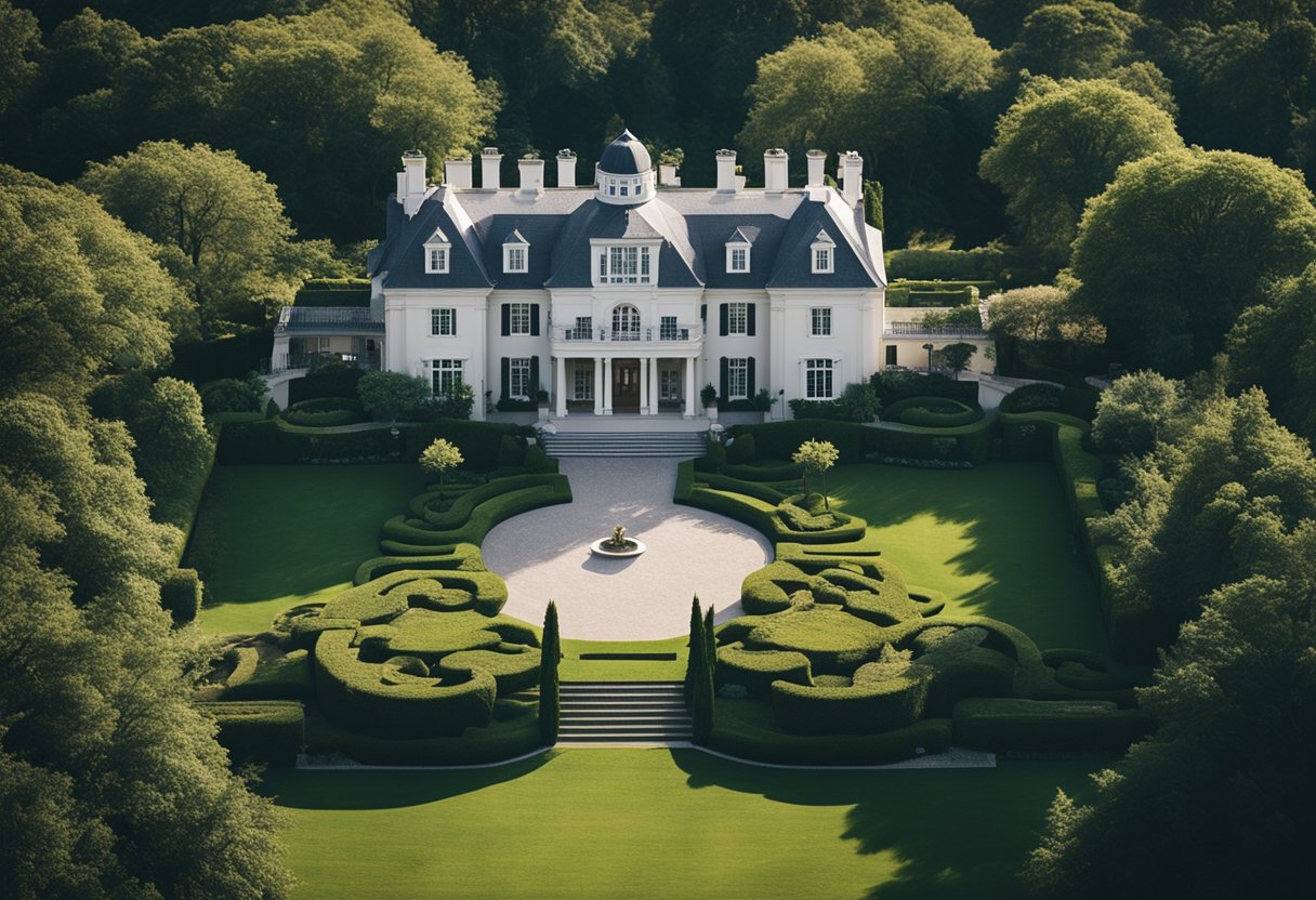 A grand estate surrounded by lush gardens, with a stately mansion and a modern financial planning office nestled amongst the trees