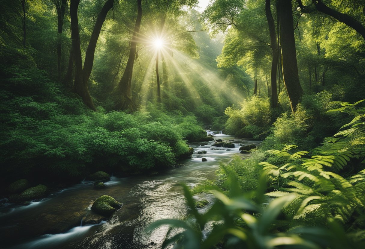 A lush forest with diverse vegetation, a flowing river, and wildlife coexisting harmoniously