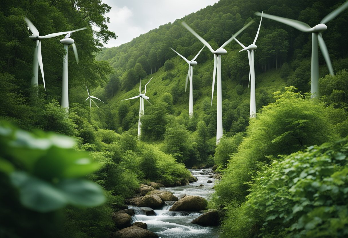 A lush forest with diverse flora and fauna, a flowing river, and renewable energy sources like wind turbines and solar panels integrated into the landscape