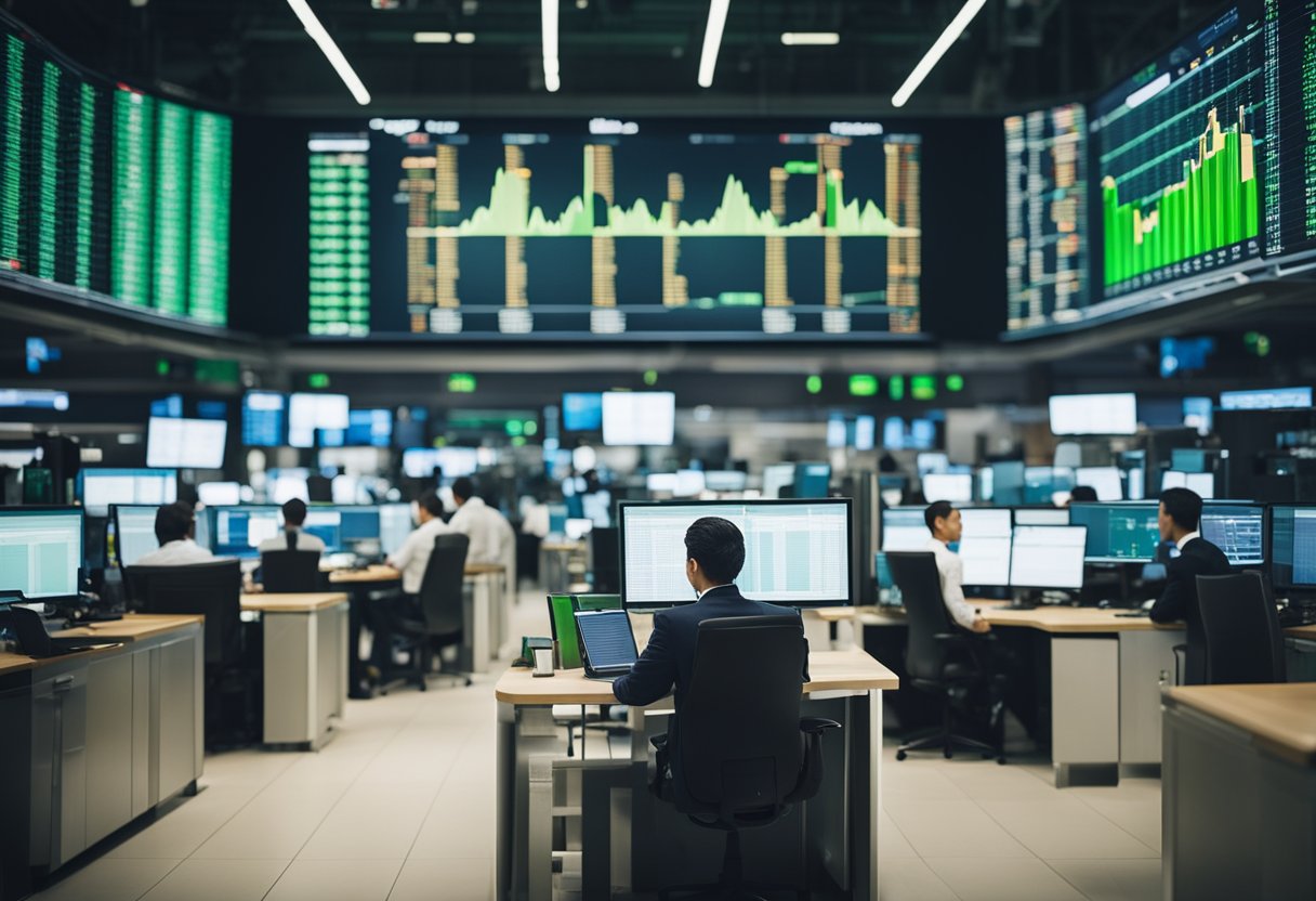 A bustling financial market with green investment symbols and sustainable assets being managed by professionals