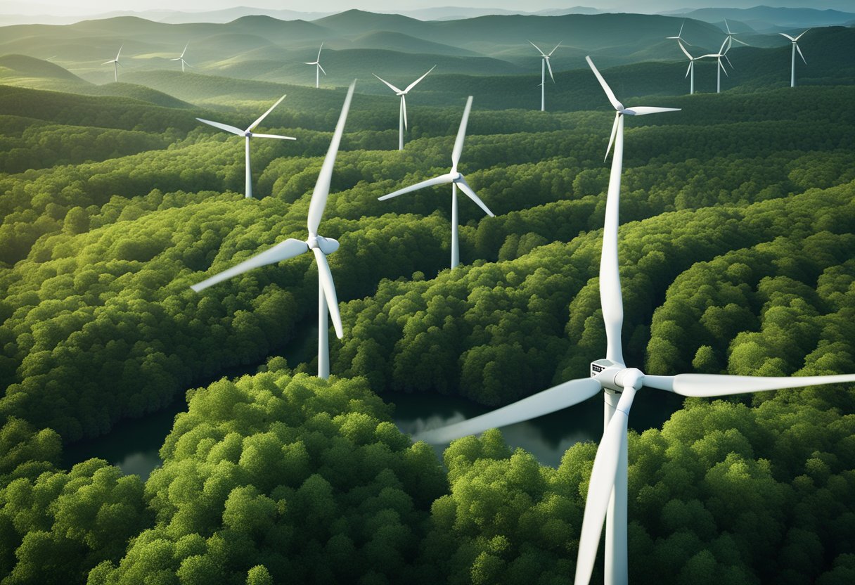 A lush green forest with modern wind turbines and solar panels integrated seamlessly into the landscape, showcasing sustainable investing in action