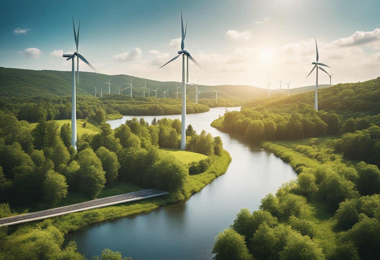 A lush green landscape with wind turbines and solar panels, surrounded by a flowing river and tall trees