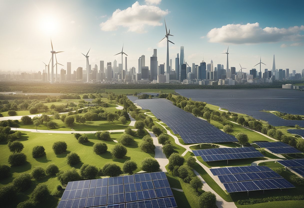 A bustling city skyline with solar panels on buildings, wind turbines in the distance, and green spaces integrated into urban design