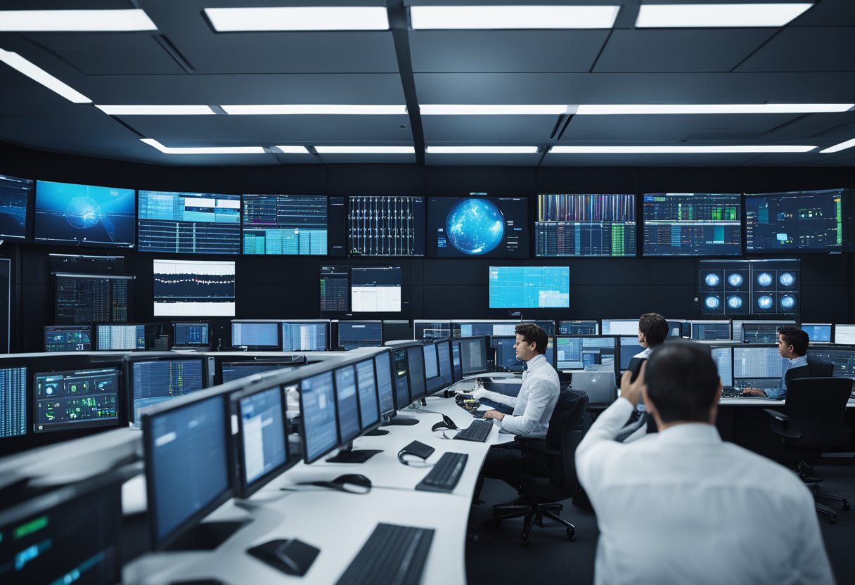 A bustling control room with multiple screens and data visualizations, technicians monitoring energy asset performance