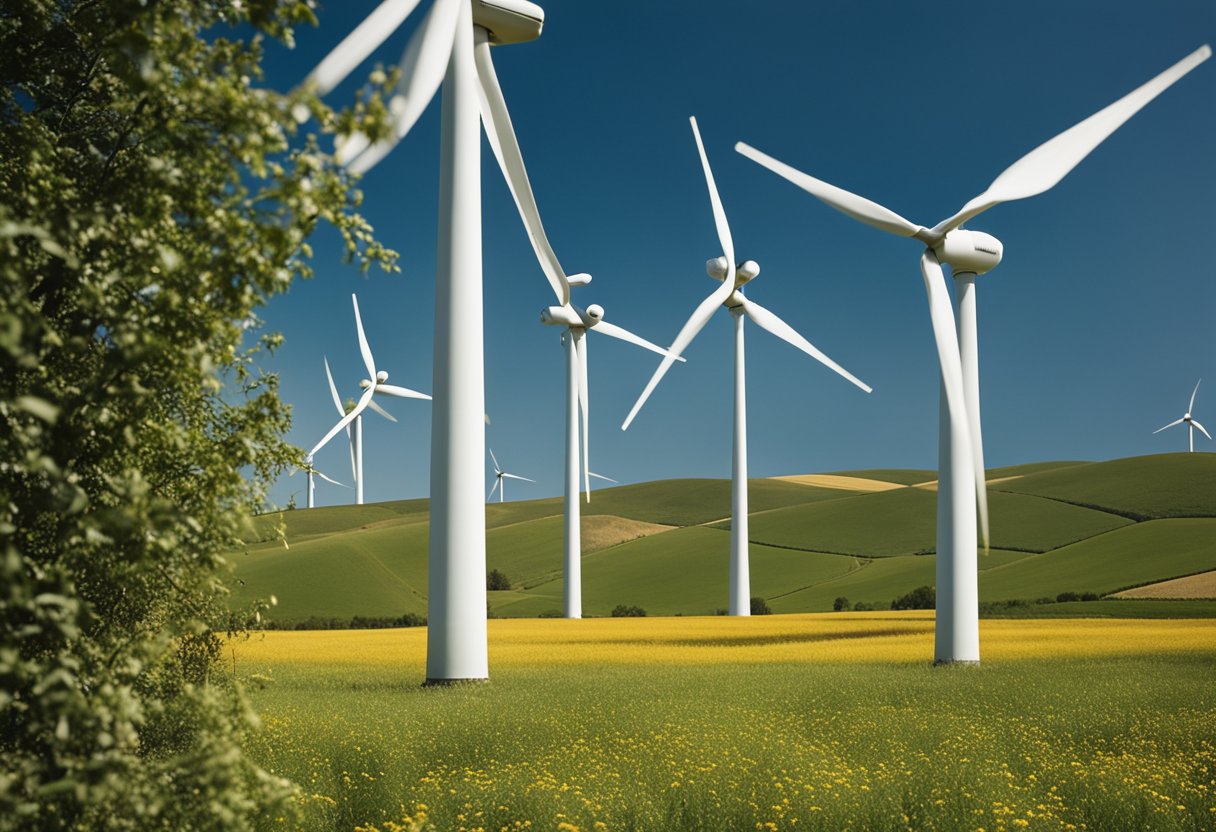 A wind turbine farm with multiple turbines spinning in a field under a clear blue sky