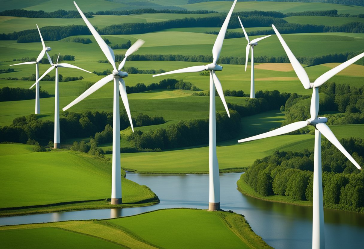 A wind farm with turbines spinning under a clear blue sky, surrounded by lush green fields and a flowing river