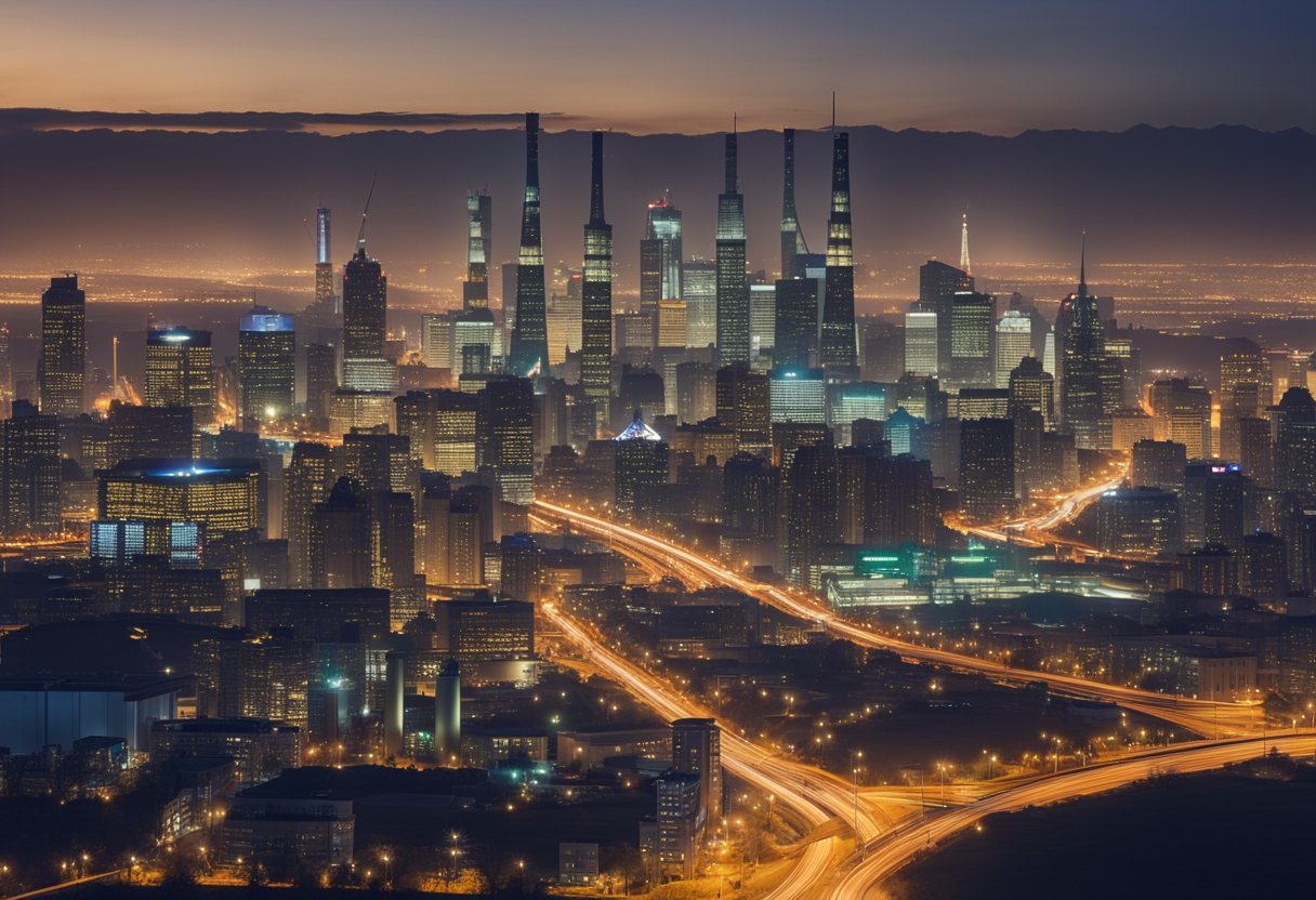 A bustling city skyline with various energy assets such as power plants, wind turbines, and solar panels, all contributing to economic energy management