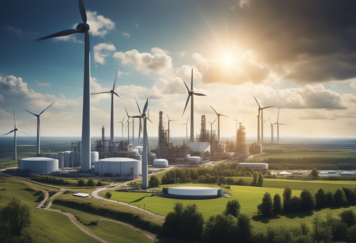 An industrial landscape with renewable energy sources, smart grid technology, and data analytics for energy asset management