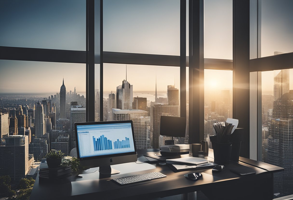 An office setting with a desk, computer, and files. A person is reviewing property data and financial reports. A city skyline is visible through the window