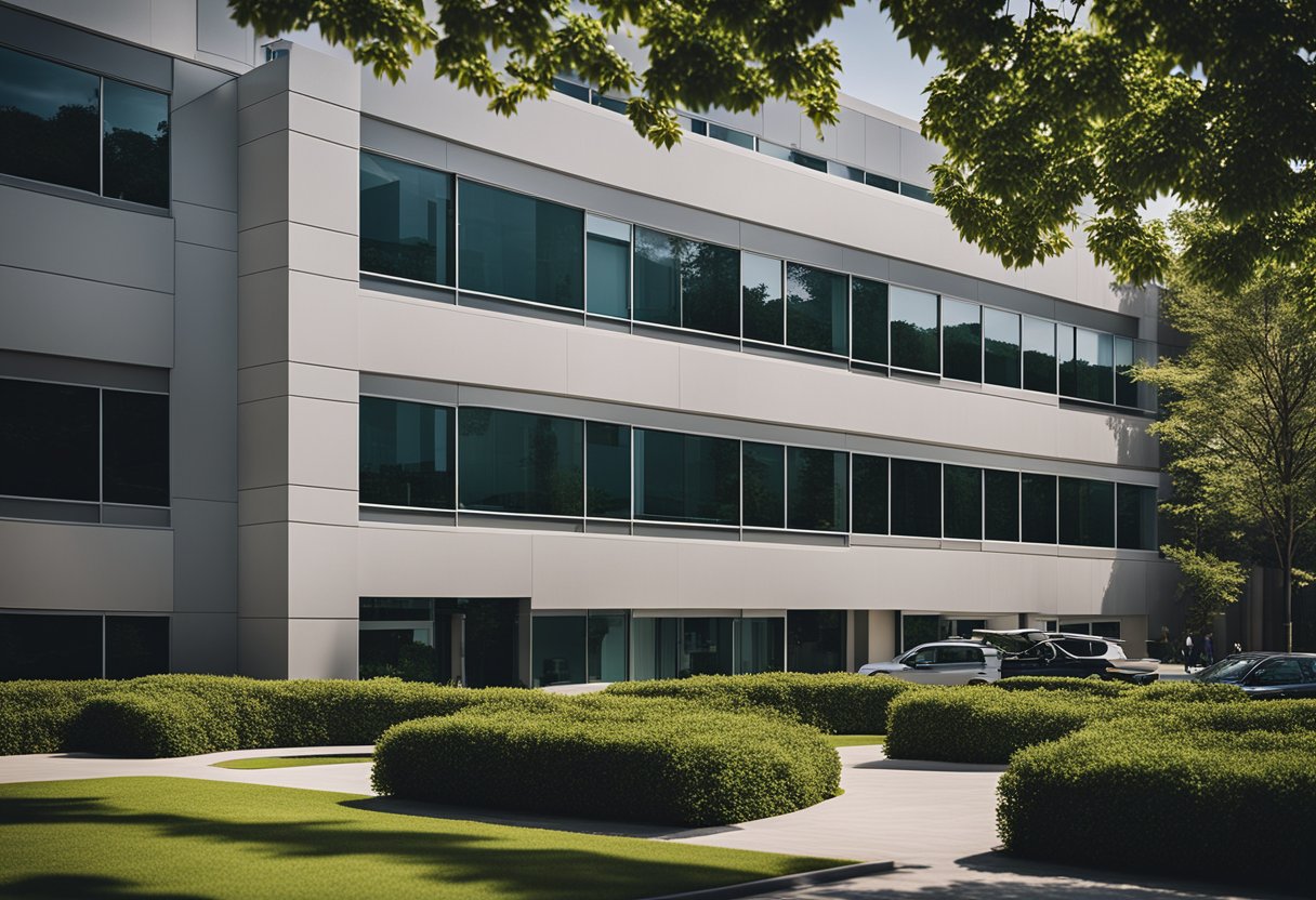 A modern office building surrounded by landscaped grounds and parking lots, with a property management team overseeing maintenance and operations