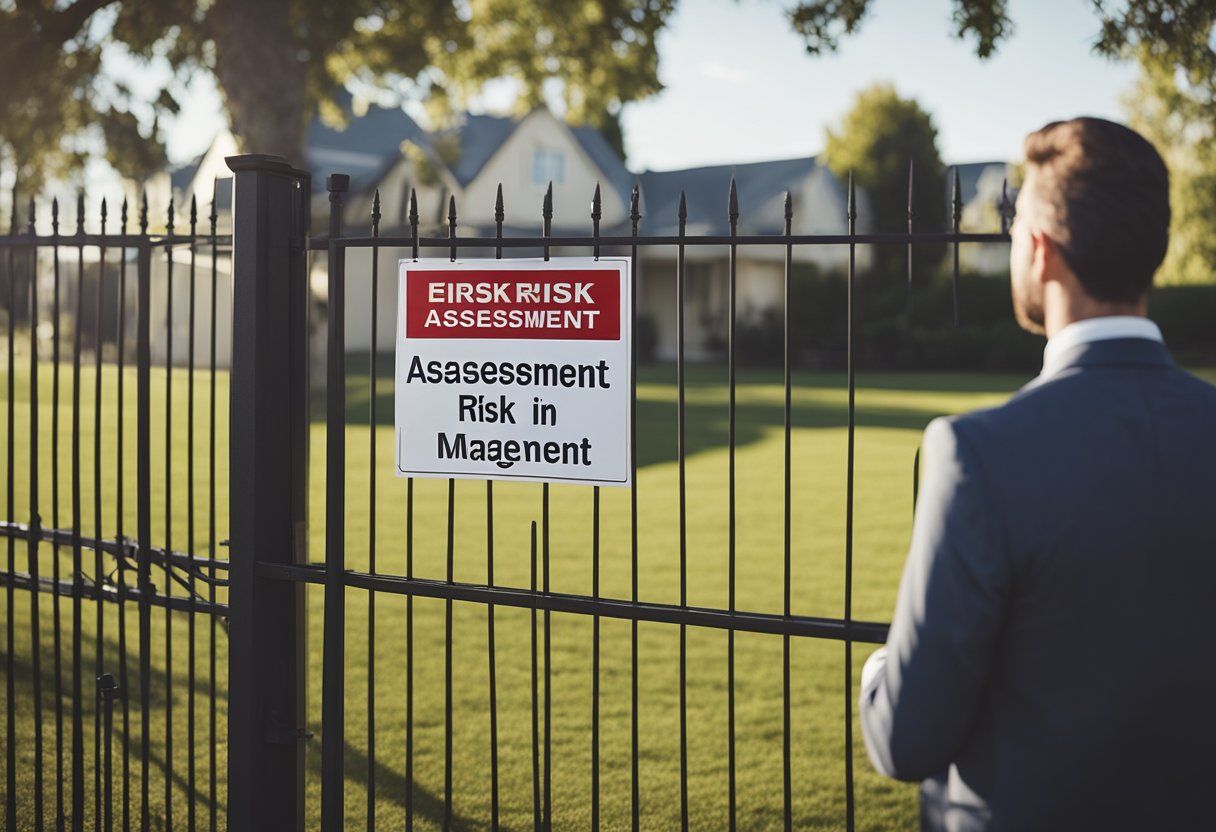 A real estate property surrounded by a fence with a "Risk Assessment and Management" sign displayed. A property manager is inspecting the grounds
