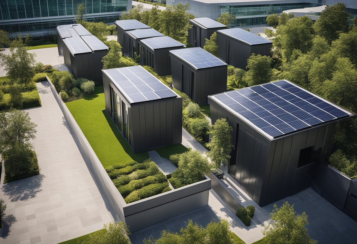 A modern office building with solar panels on the roof, surrounded by green spaces and recycling bins