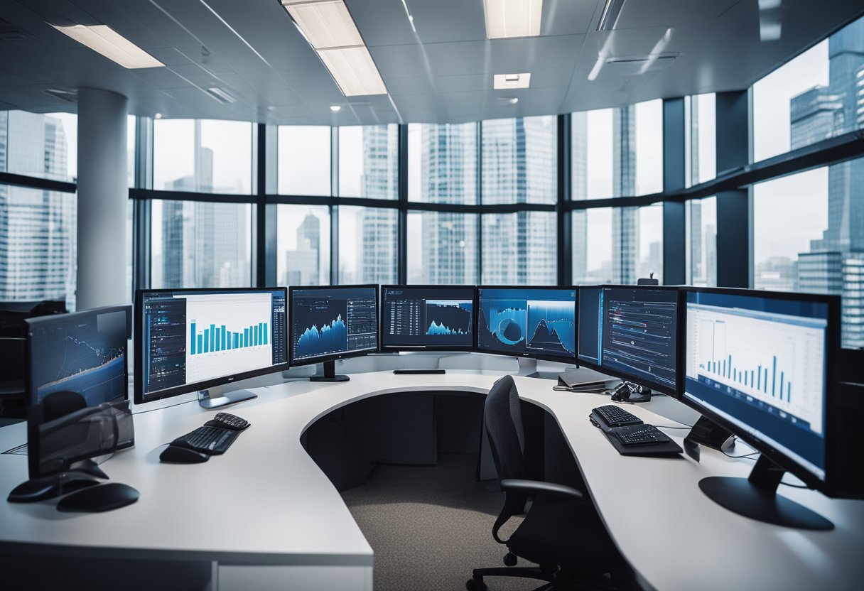 A modern office space with graphs and charts displayed on multiple computer screens, showing real estate performance data