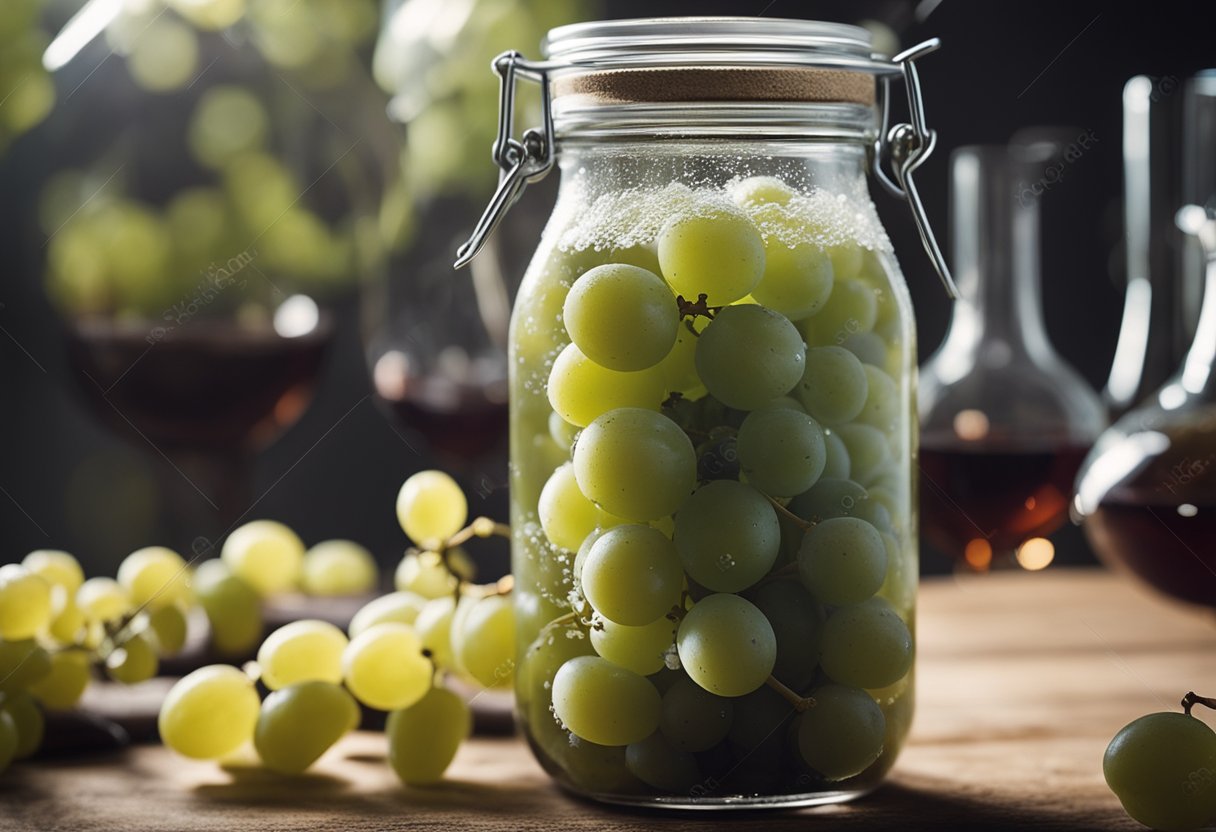 Vynuogės fermentuojasi stiklainyje, burbuliukai kyla į paviršių, kai vyksta natūralus vyno gaminimo procesas