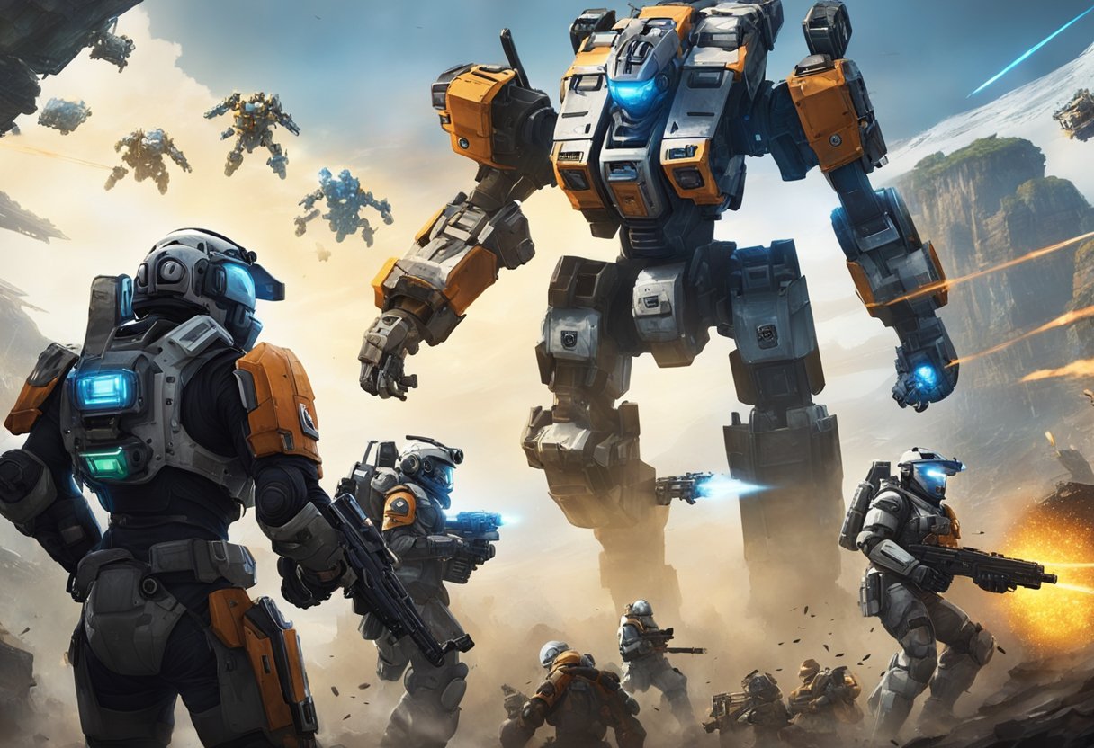 A group of players from different gaming platforms join forces in an intense battle, each controlling their own futuristic mech suit in the game Titanfall 2