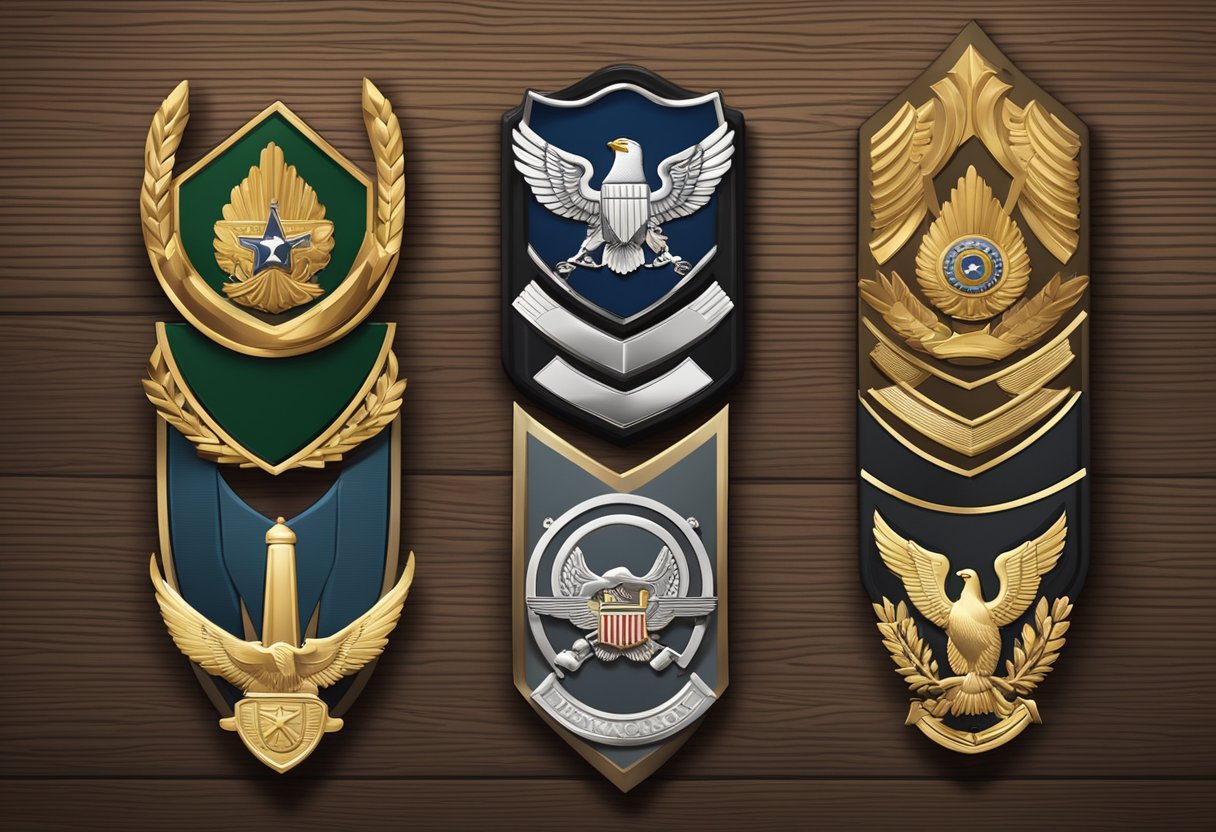 A row of six military insignias, each representing a different rank, displayed on a polished wooden table