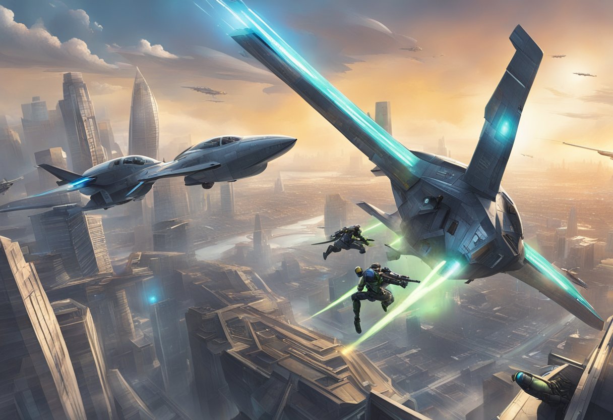 Two pilots from different platforms team up to battle titans in a futuristic cityscape