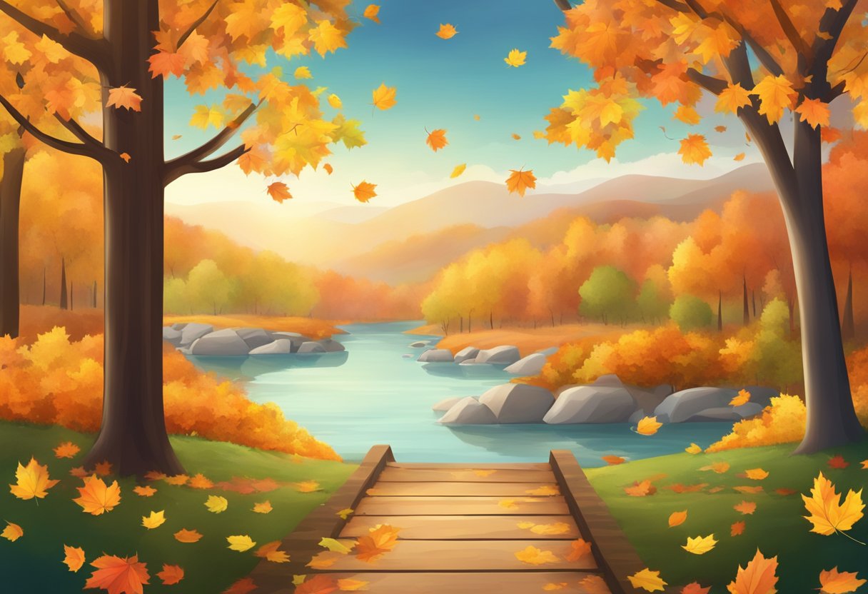 A colorful autumnal landscape with leaves changing and falling around a ranking system display