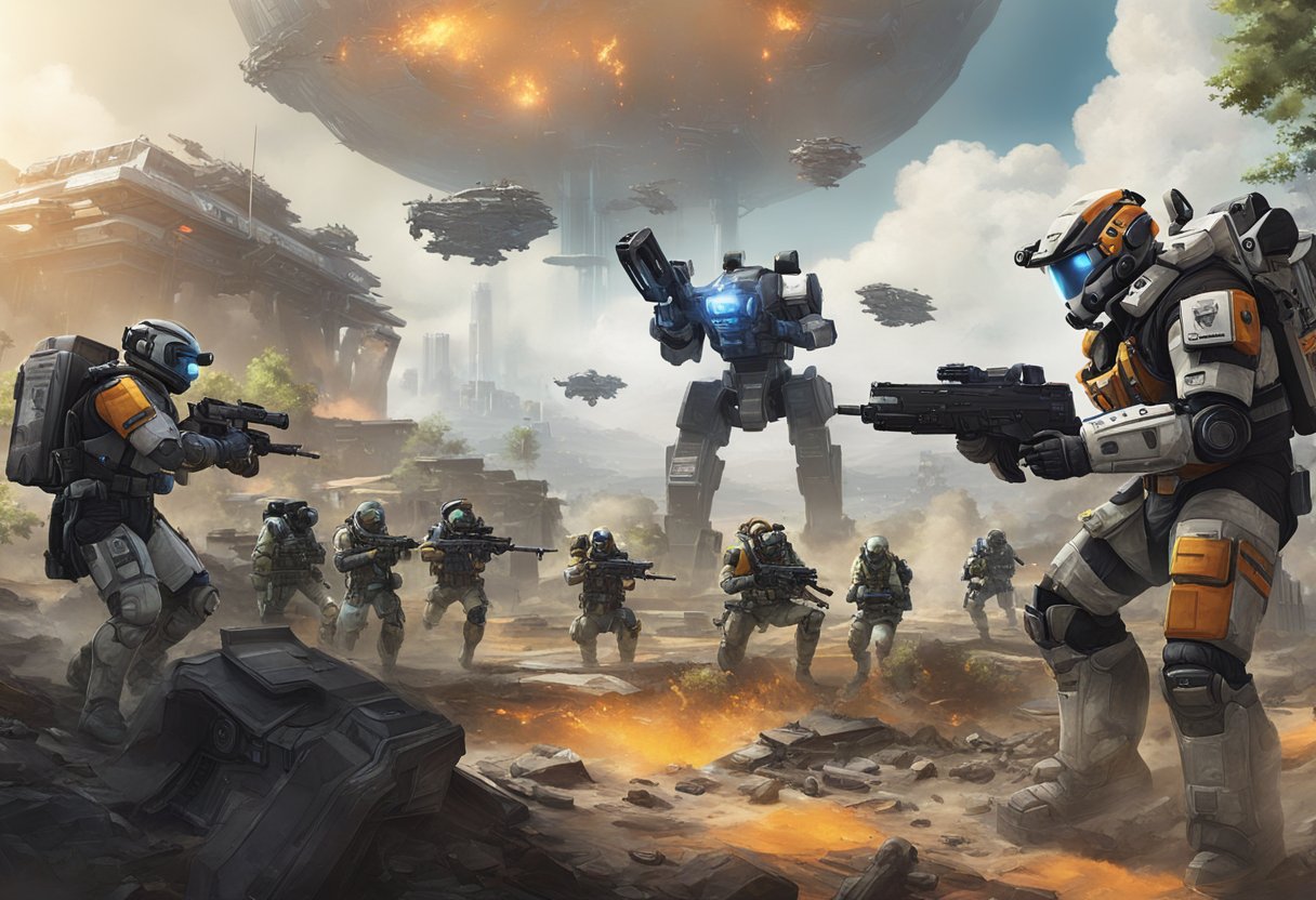 A group of Titanfall 2 players from different platforms gather around a virtual battlefield, each represented by their respective console or PC