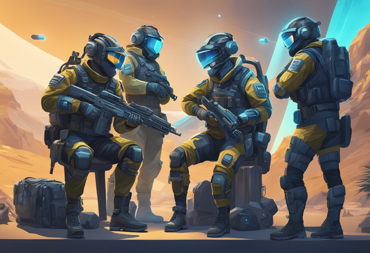 A group of six players in tactical gear strategizing and preparing for a competitive match in a high-tech, futuristic environment