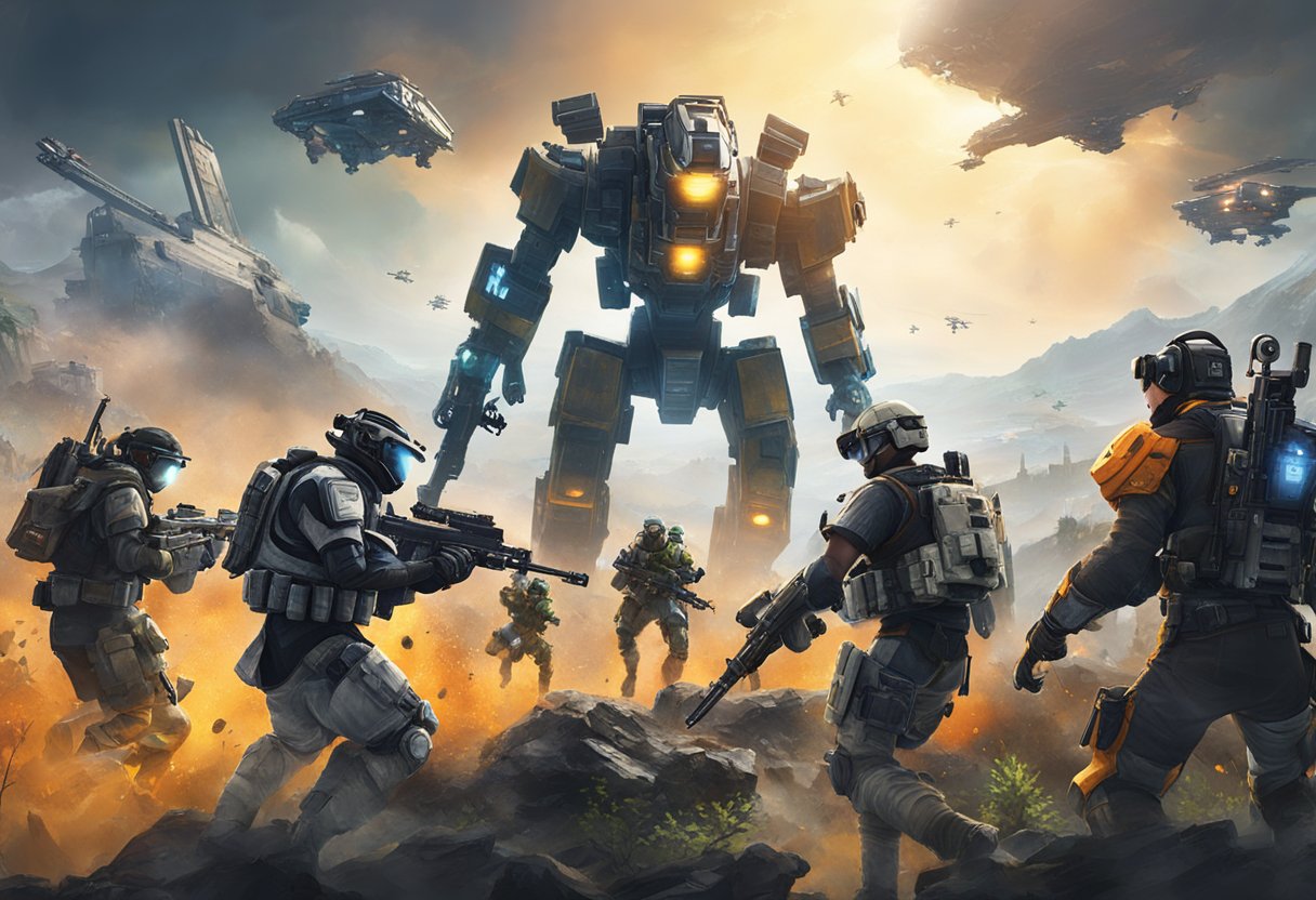 A group of diverse gamers play Titanfall 2 on different devices, seamlessly connecting and competing in an intense virtual battlefield