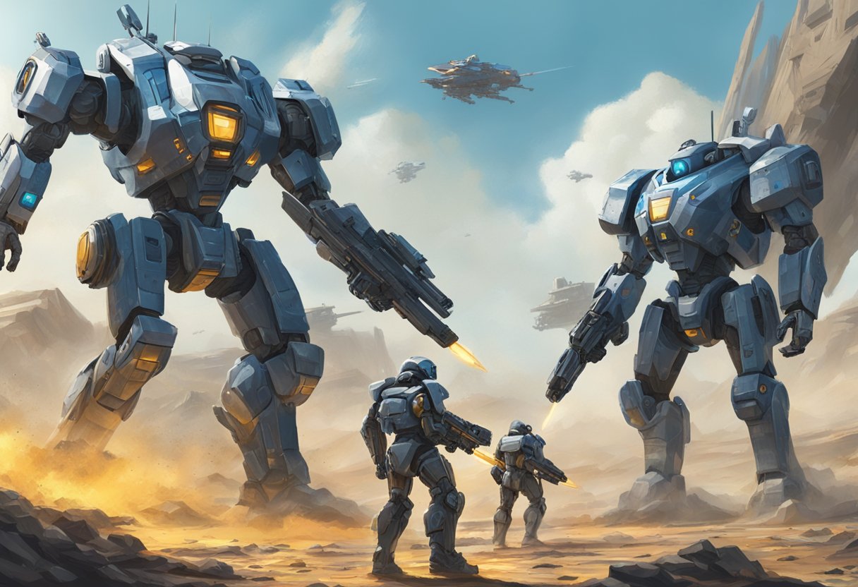 A futuristic battlefield with two opposing teams facing off, each represented by their respective futuristic mech suits. The suits are highly detailed and equipped with advanced weaponry