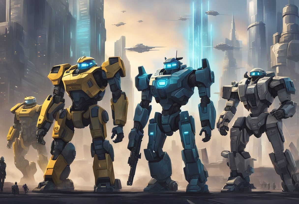 A group of diverse mechs from different factions stand together, ready for battle in a futuristic cityscape