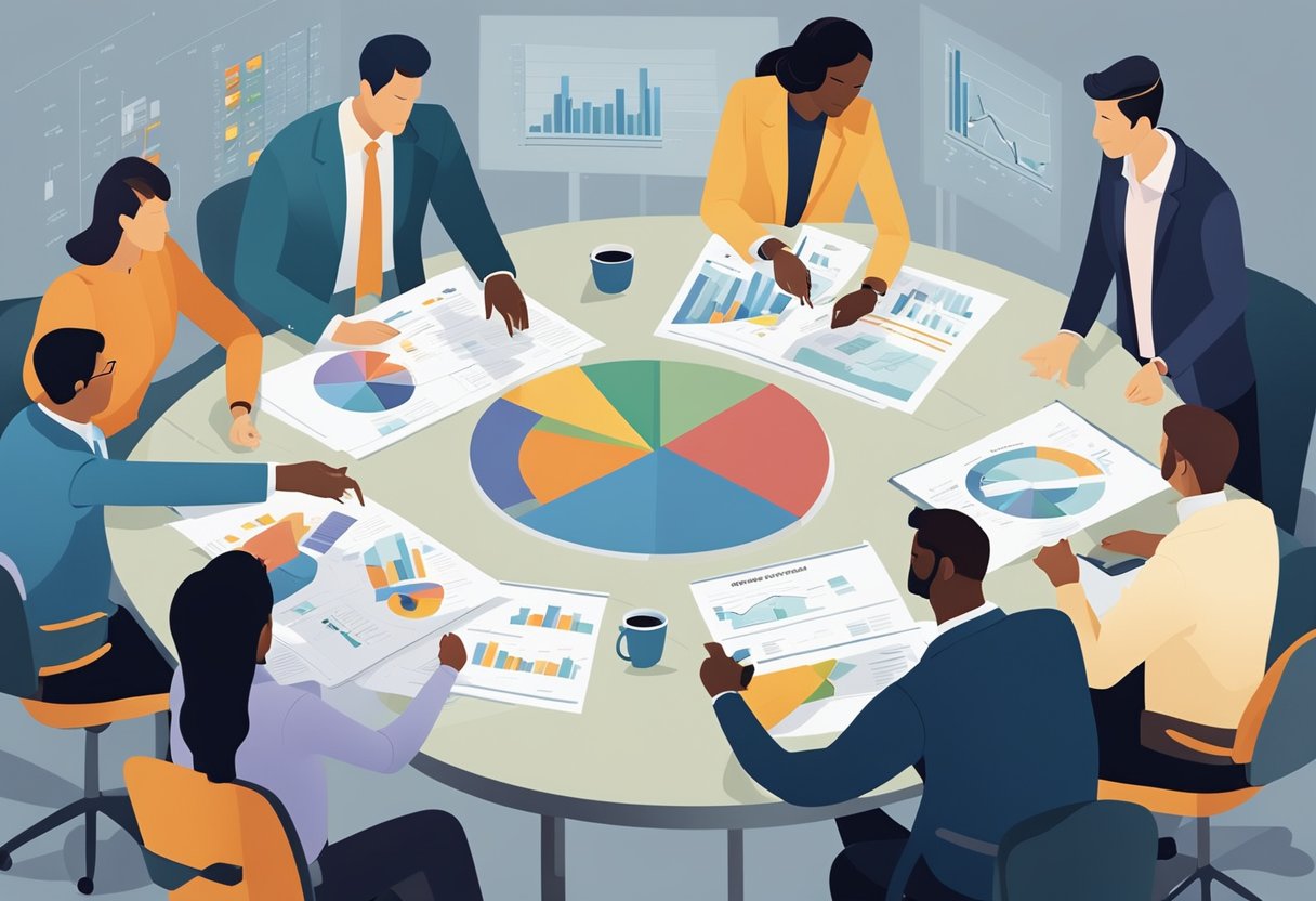 A group of diverse professionals gather around a table, discussing and brainstorming ideas while pointing to charts and diagrams displayed on a large screen