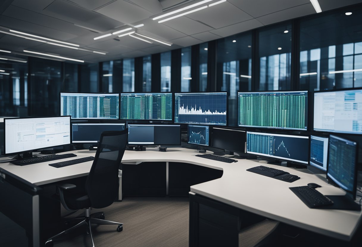 A modern office with multiple computer screens displaying financial data and graphs, while a team of professionals work collaboratively on analyzing and managing assets