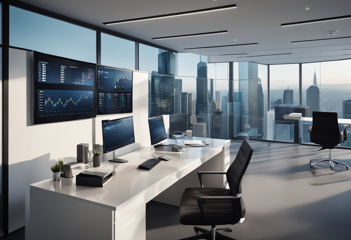 A sleek, modern office with a panoramic view of a city skyline. A wall-mounted display shows financial graphs and charts. A desk is neatly organized with a computer and paperwork
