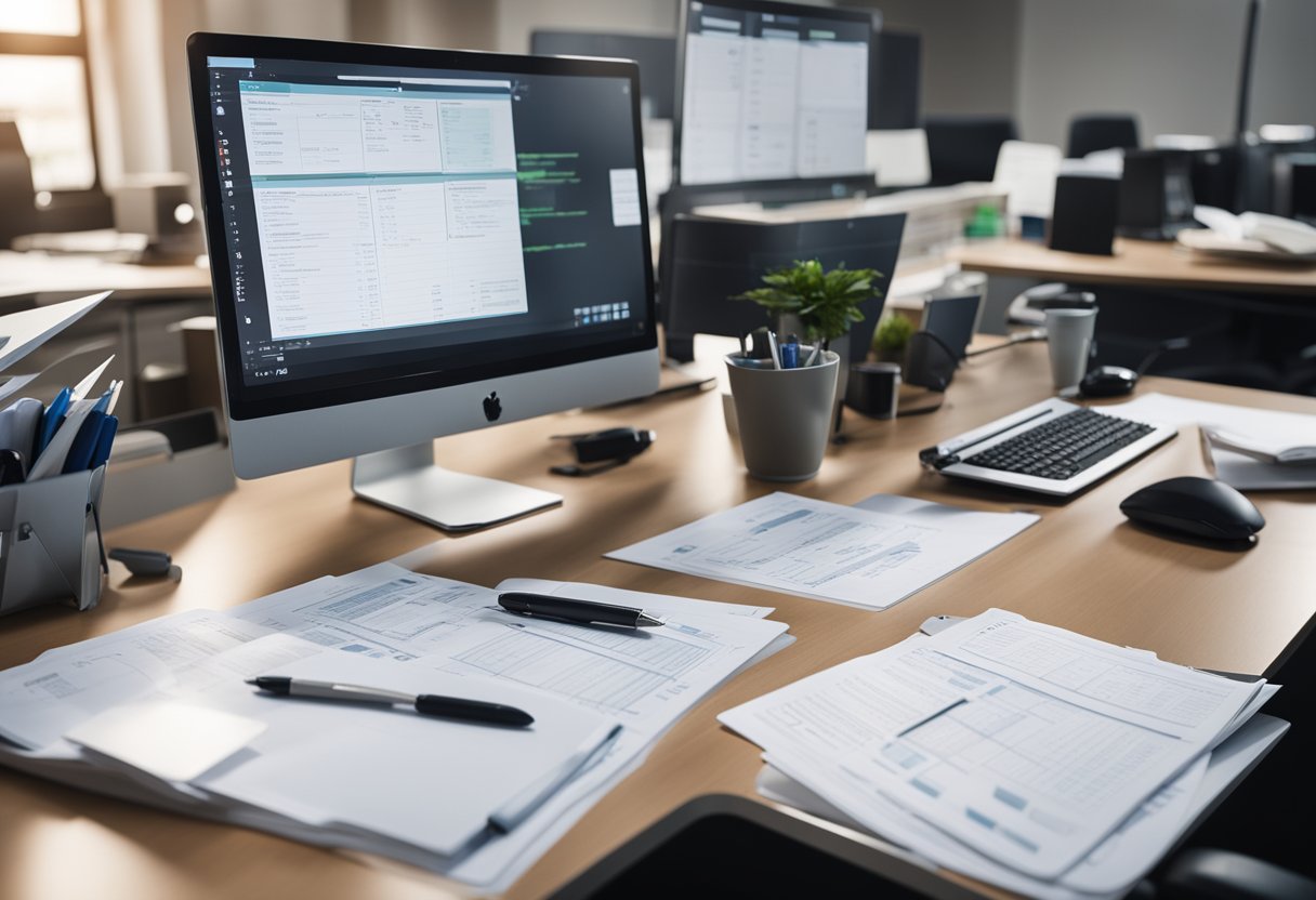A cluttered office desk with a computer, file folders, and a checklist. A whiteboard with diagrams and flowcharts in the background
