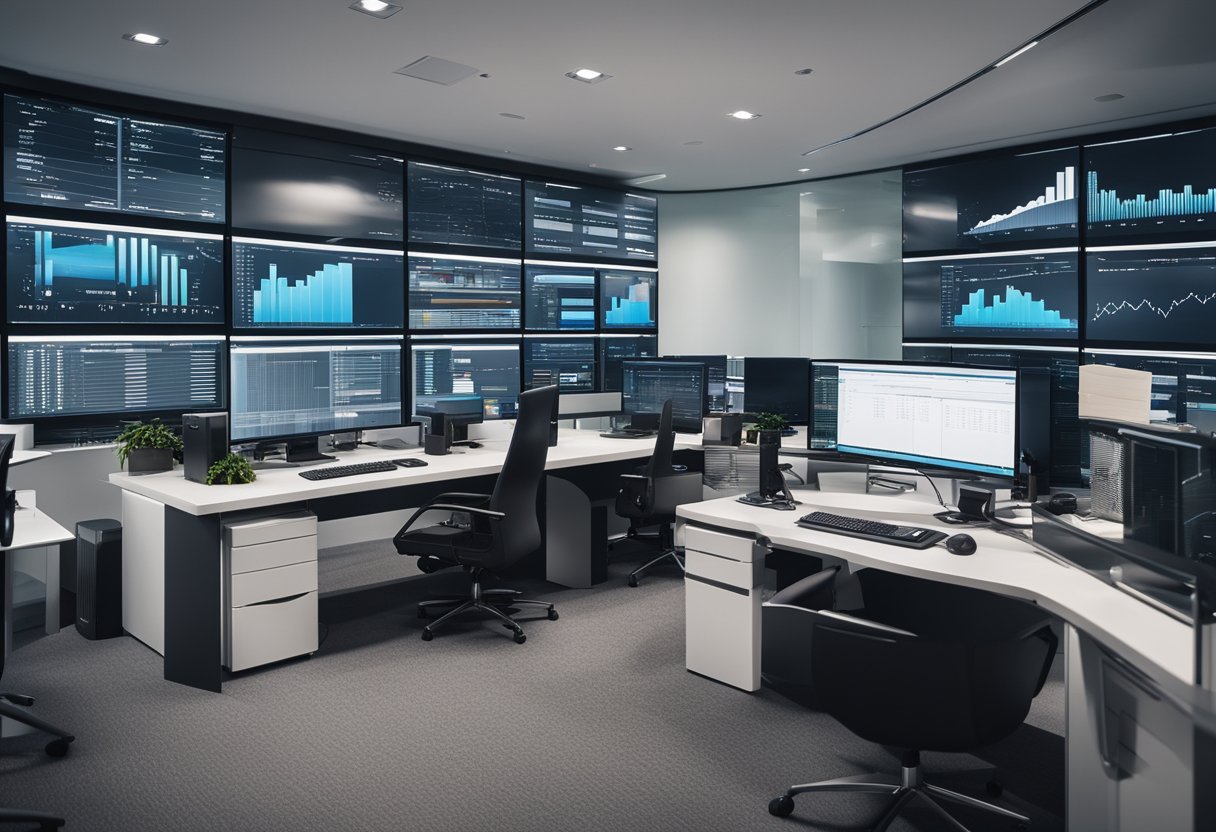 A modern office setting with a sleek computer monitor displaying various financial graphs and charts, surrounded by shelves of neatly organized files and folders
